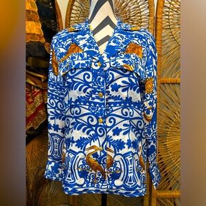 Vintage NWT 1980s Paolo Santini retro geo print silk blouse